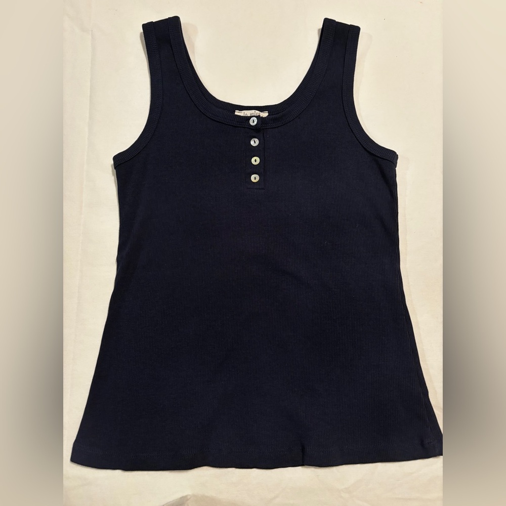 La Miel blue ribbed tank henley style button, L